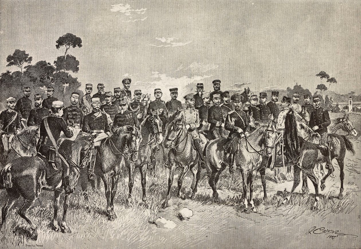 Zahraniční armádní důstojníci na návštěvě italských vojáků v Lombardii, Itálie, rytina z kresby Quinta Cenniho, z L