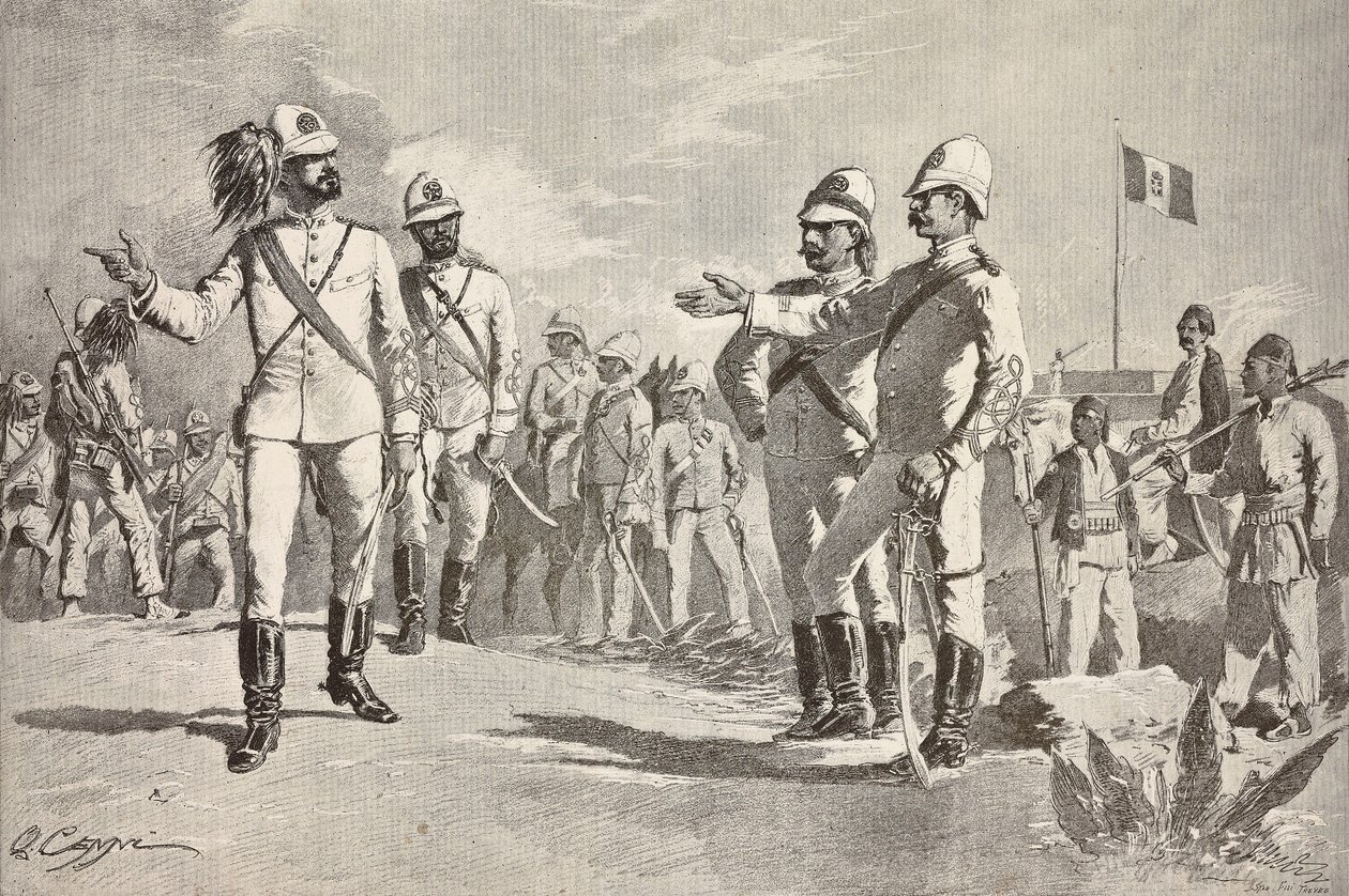 Italští a místní vojáci v uniformách italské armády v Africe, Massawa, Eritrea, rytina z kresby Quinto Cenni, z L