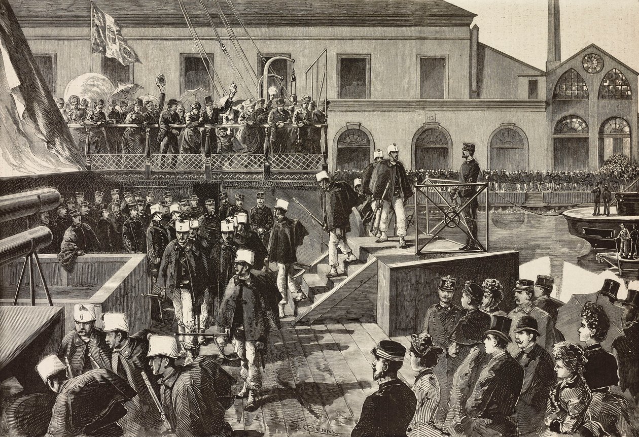 Italští vojáci nastupují na loď Washington, Neapol, Itálie, třetí italská expedice v Rudém moři, rytina z kresby Quinto Cenni a skica M Del Don, z L