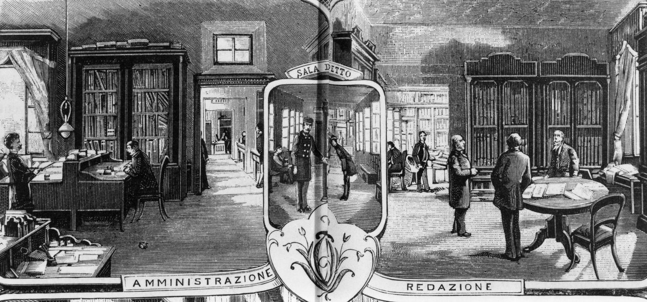 Kanceláře bratří Trevesů, redakce a administrativní pracovníci, Milán, Itálie, ilustrace Quinto Cenni (1845-1917) z L