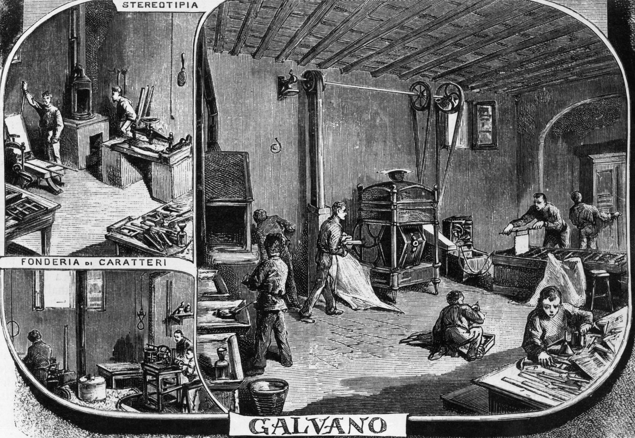 Kanceláře bratří Trevesů, oddělení odlévání písem a stereotypního tisku, Milán, Itálie, ilustrace Quinto Cenni (1845-1917) z L