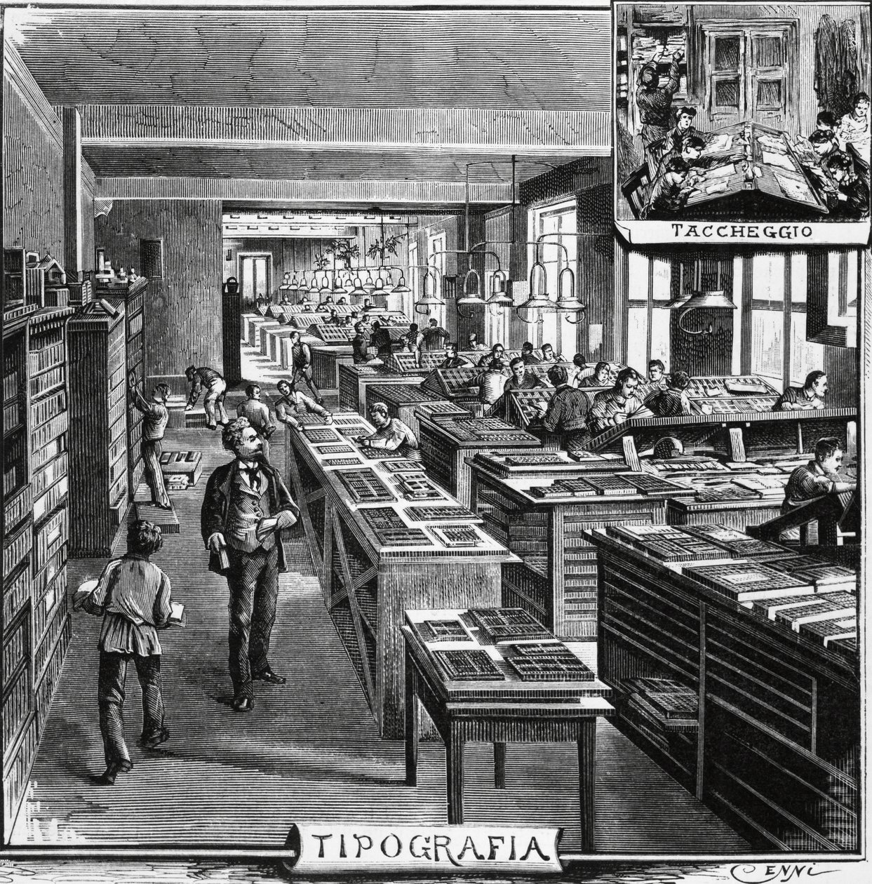 Kanceláře bratří Trevesů, typografie a překrývání, Milán, Itálie, ilustrace Quinto Cenni (1845-1917) z L