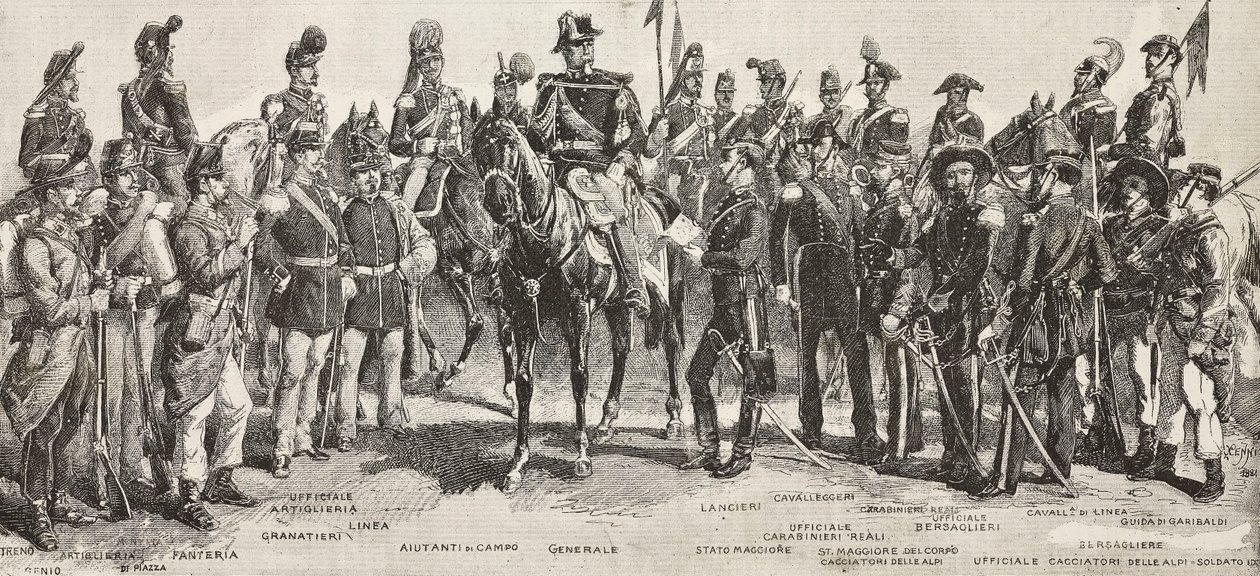 Piemontská armáda v roce 1859: pěšáci, dělostřelci, inženýři, granátníci, důstojníci, generálové, kopiníci, kavaleristé, puškaři, rytina z kresby Quinto Cenni, z L