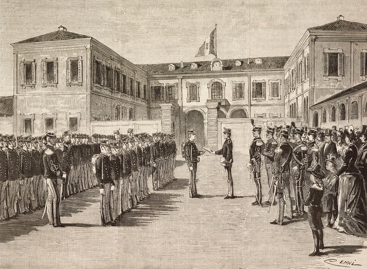 Princ Vittorio Emanuele (1870-1946), hrabě z Turína, uděluje tituly kadetům vojenské akademie v Miláně, Itálie, 14. od Quinto Cenni