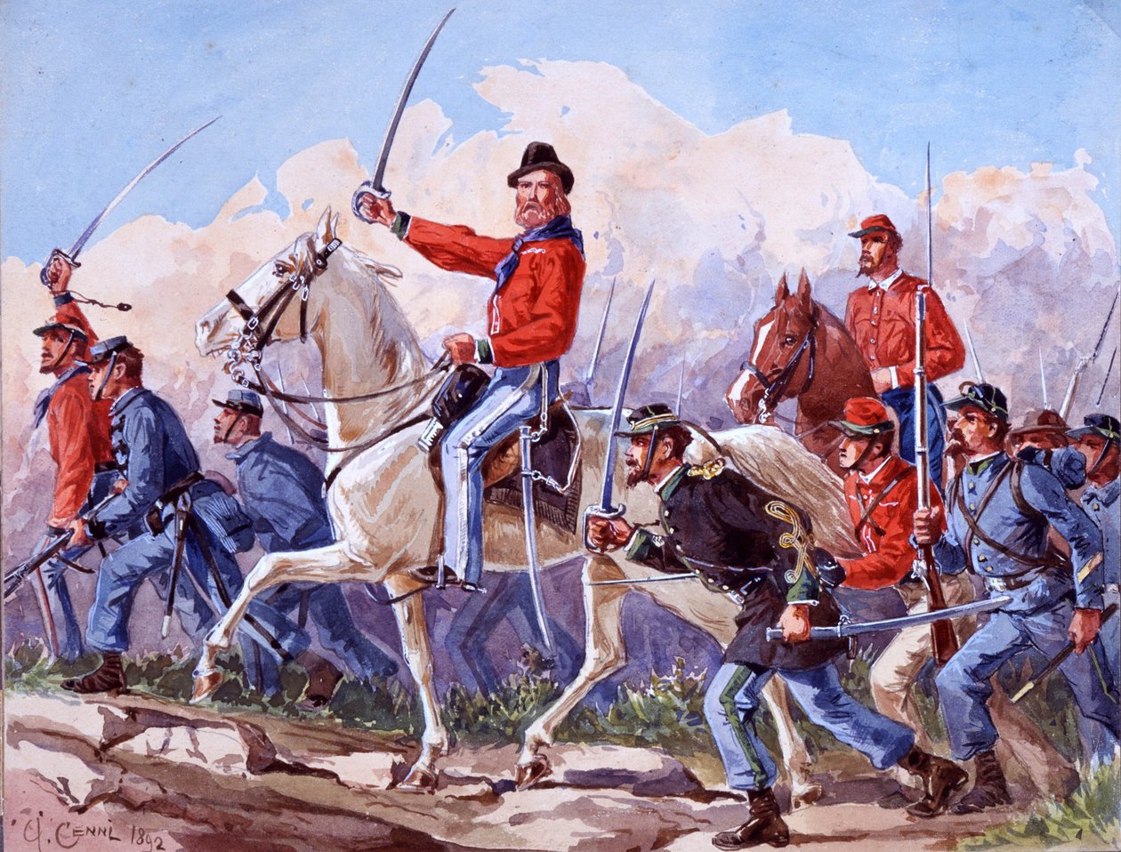 Risorgimento: vojska Giuseppe Garibaldiho (1807-1882) pochodující na Řím. Akvarel od Quinto Cenni 1892 od Quinto Cenni