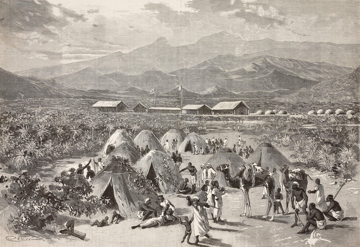 Stany uprchlického tábora Zula, Arafali, Eritrea, rytina od Cantagalliho z kresby Quinta Cenniho a skica od Pieragostiniho, z L