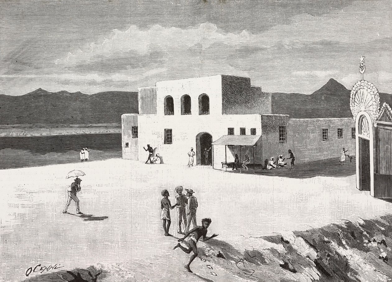 Budova italské pošty, Massawa, Eritrea, rytina z kresby Quinta Cenniho a skica od Pieragostiniho, z L