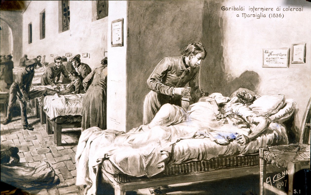 Italský patriot Giuseppe Garibaldi (1807-1882) ošetřovatel pod jménem Pan-Borel (Pane Borel) pacientům s cholerou v Marseille v roce 1836. Pohlednice soukromé sbírky 19. století od Quinto Cenni