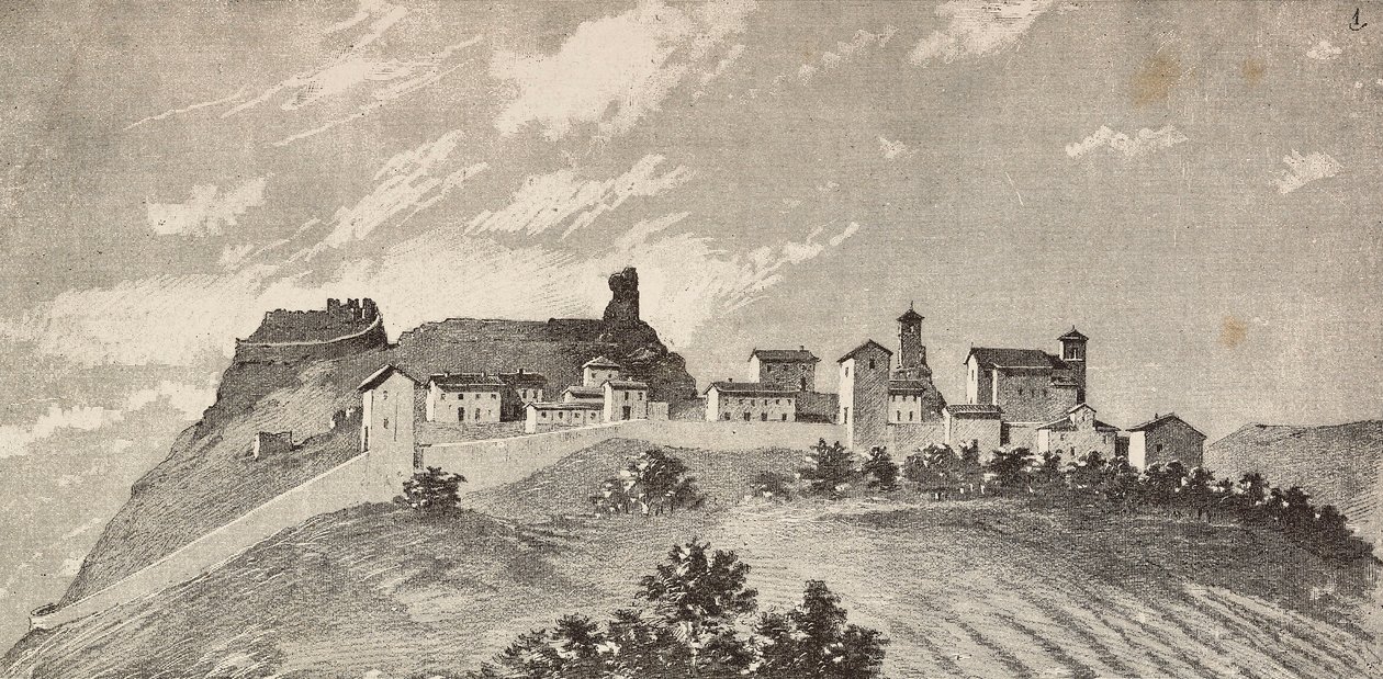 Město San Giovanni v Galilea, Itálie, rytina z kresby Quinto Cenni a skica Ulisse Topi, z L