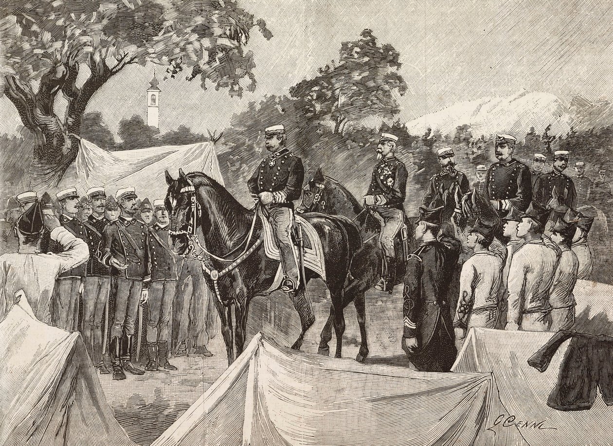Umberto I (1844-1900), král Itálie, s některými důstojníky, na návštěvě vojenských táborů, 11. od Quinto Cenni