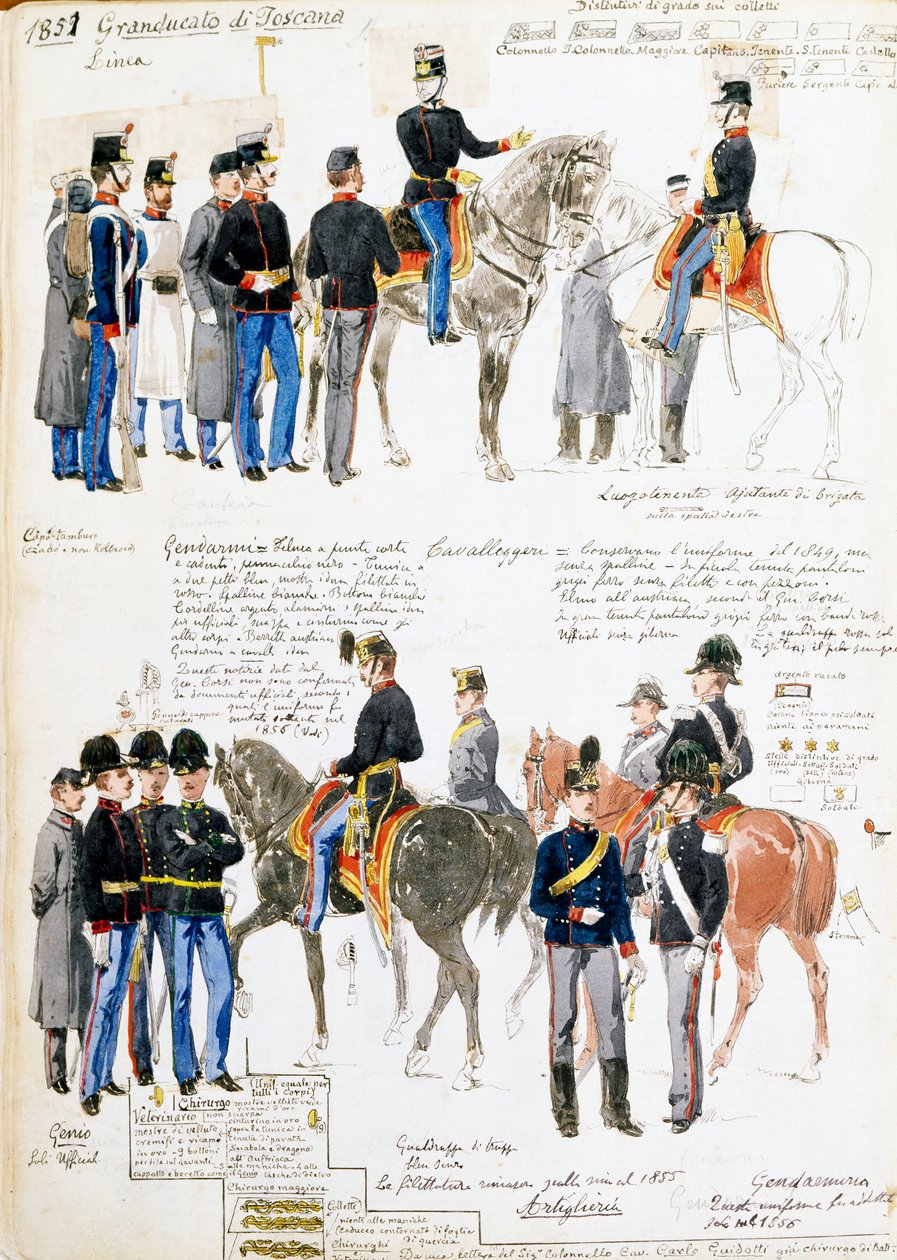 Uniformy toskánského velkovévodství v roce 1851, deska převzatá z Cenniho kodexu, sbírka vojenských náčrtů nakreslených Quinto Cenni (1845-1917) od Quinto Cenni