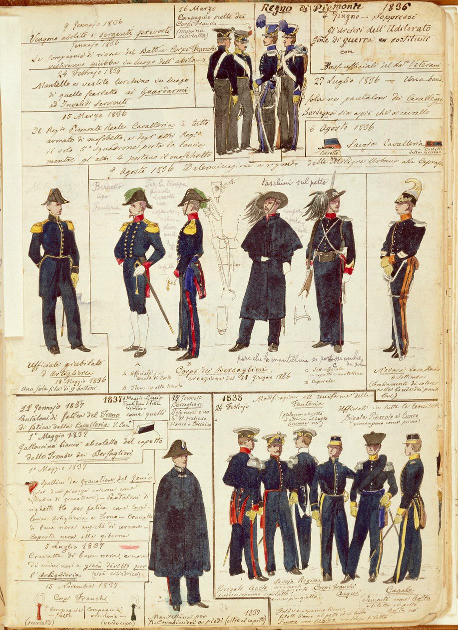 Uniformy piemontské armády v letech 1836 až 1886. Barevný štítek Cenni Quinto od Quinto Cenni