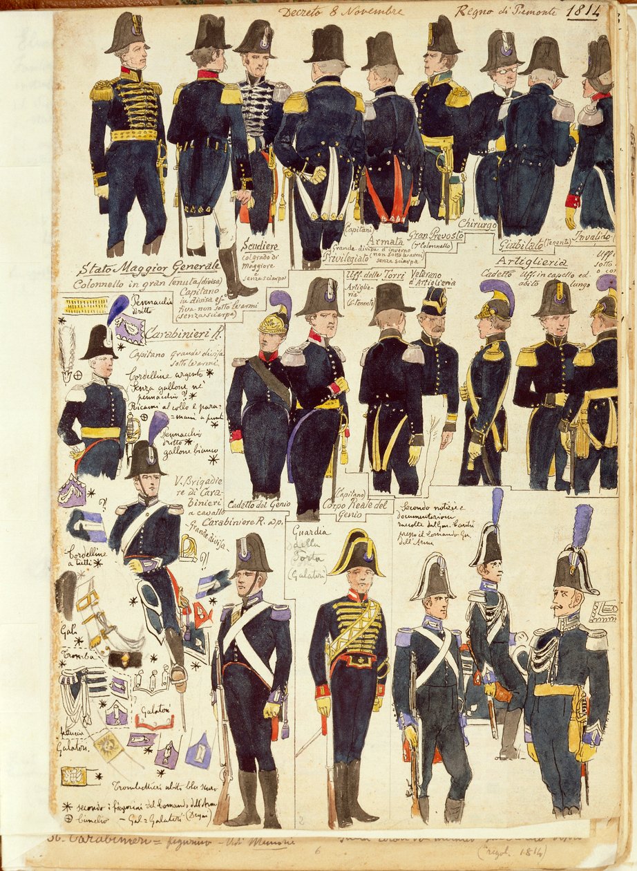 Uniformy piemontské armády z roku 1814. Barevný štítek Cenni Quinto od Quinto Cenni
