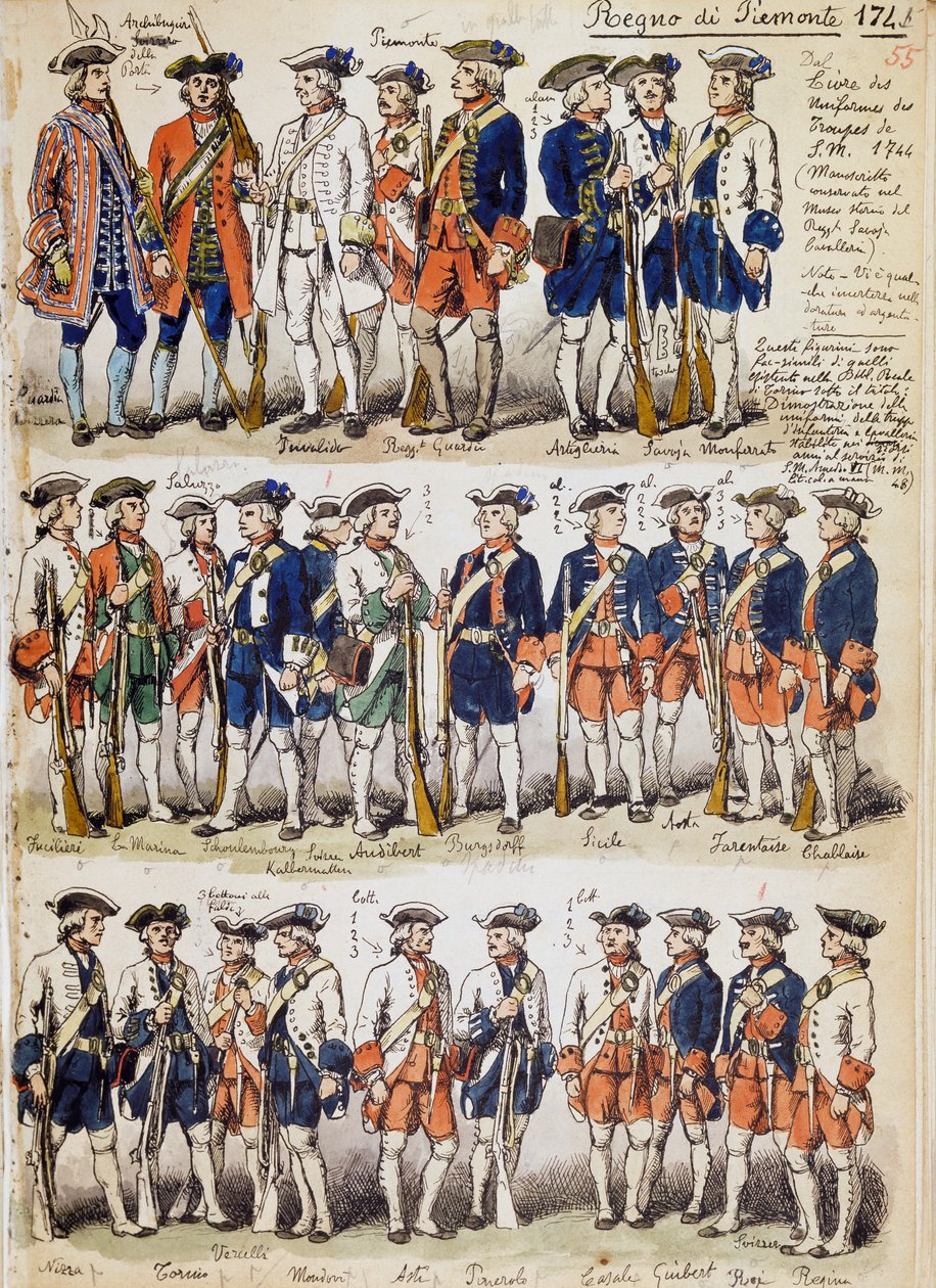 Uniformy vojsk království Piemont v roce 1744, deska převzata z Cenni Codex, sbírka vojenských náčrtů nakreslených Quinto Cenni (1845-1917) od Quinto Cenni
