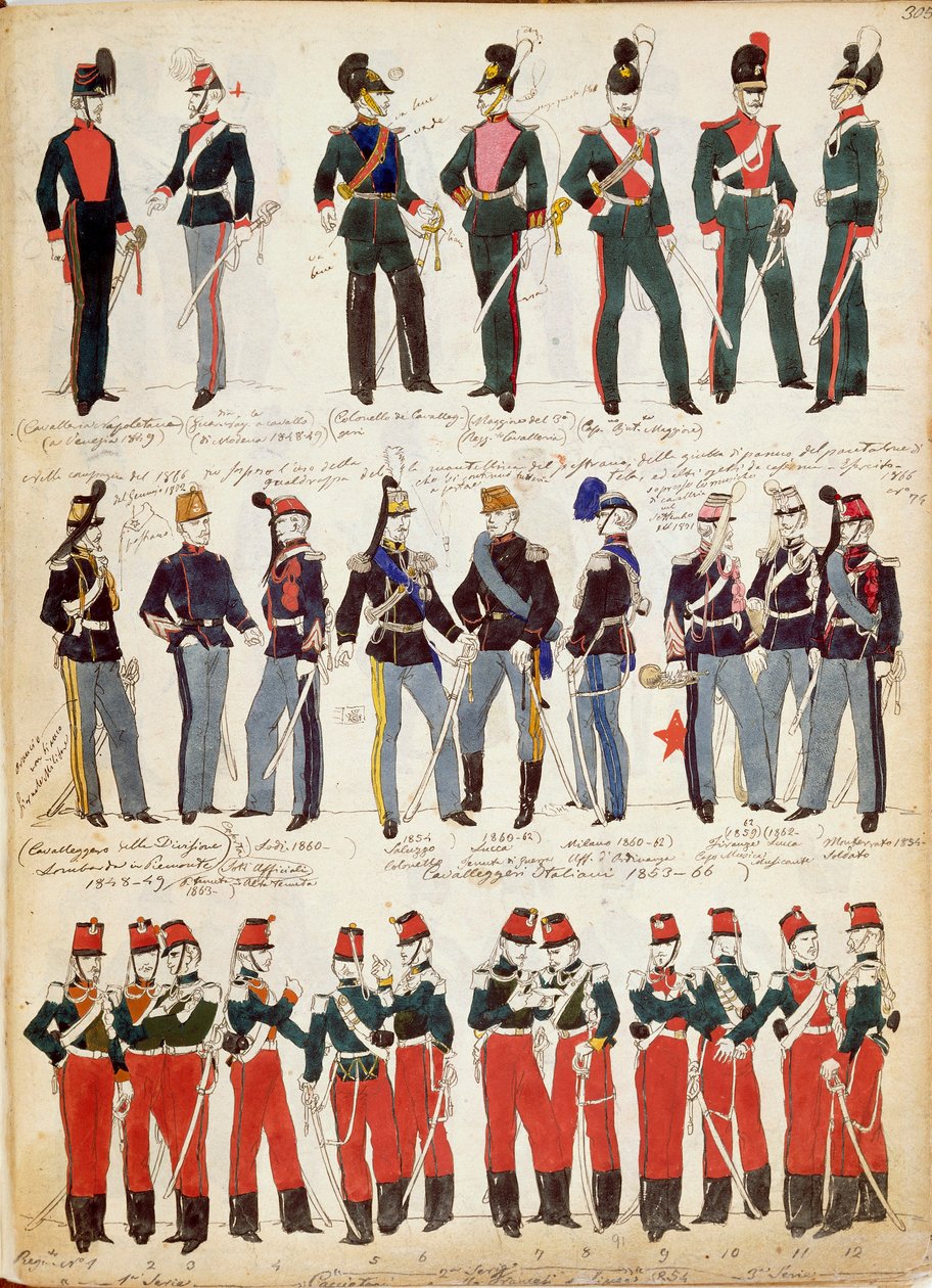 Různé italské uniformy používané kolem roku 1860, Quinto Cenni, barevná deska od Quinto Cenni