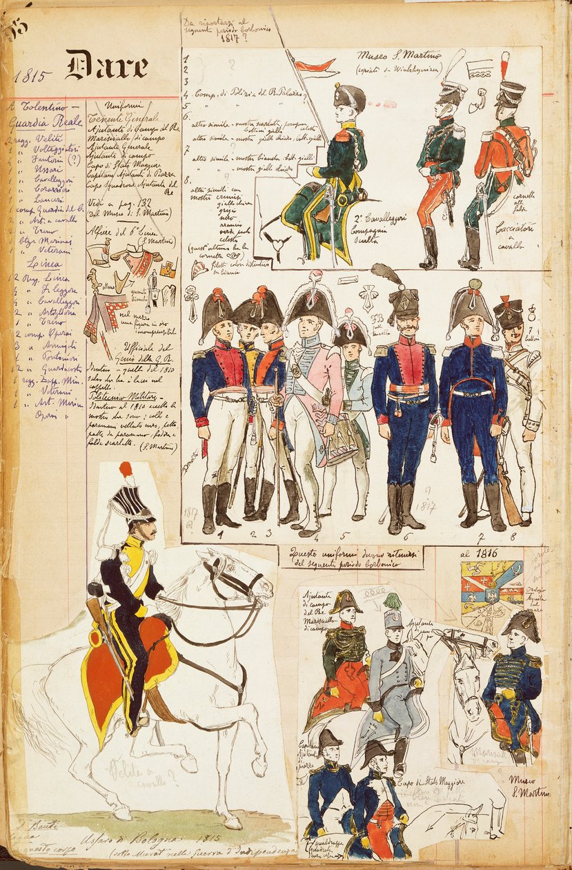 Různé uniformy, Quinto Cenni, barevný štítek, circa 1815 od Quinto Cenni