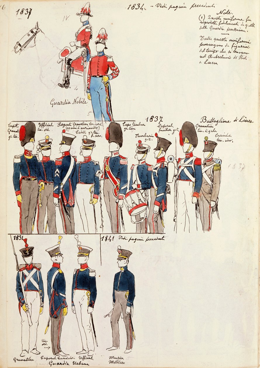 Různé uniformy, Quinto Cenni, barevný štítek, circa 1834-1841 od Quinto Cenni