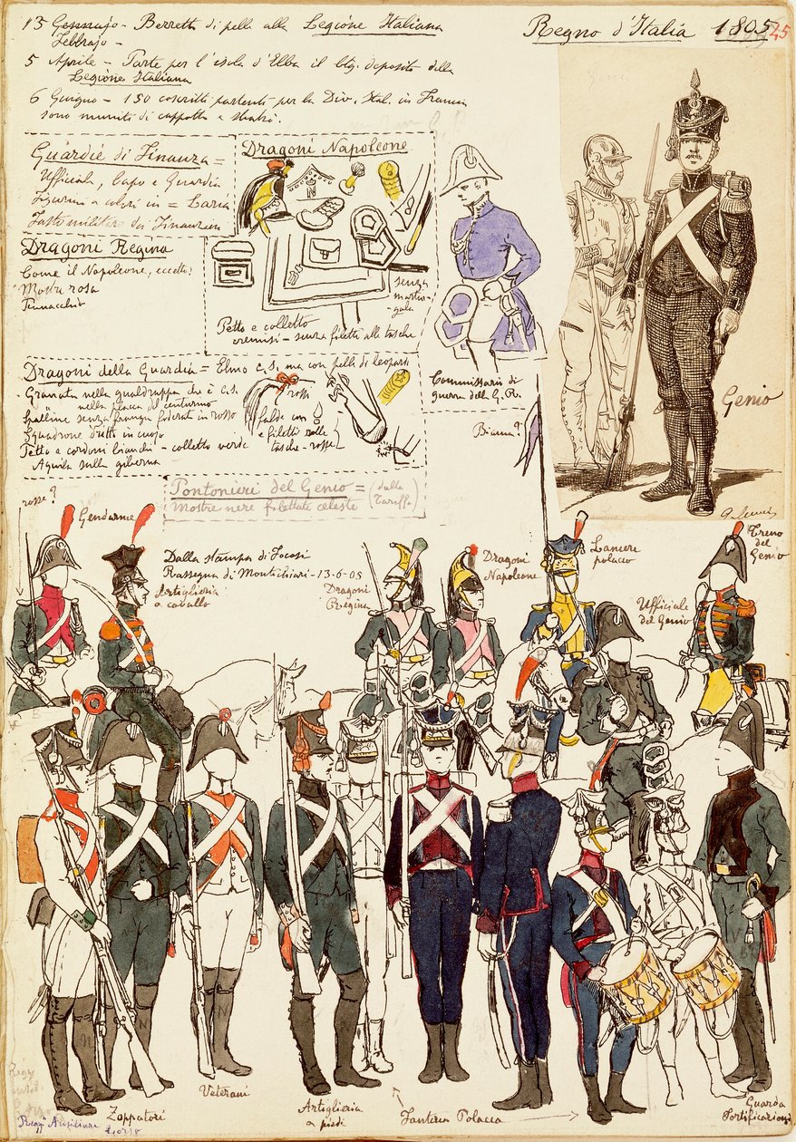 Různé uniformy Italského království z roku 1805. Barevný štítek Cenni Quinto od Quinto Cenni