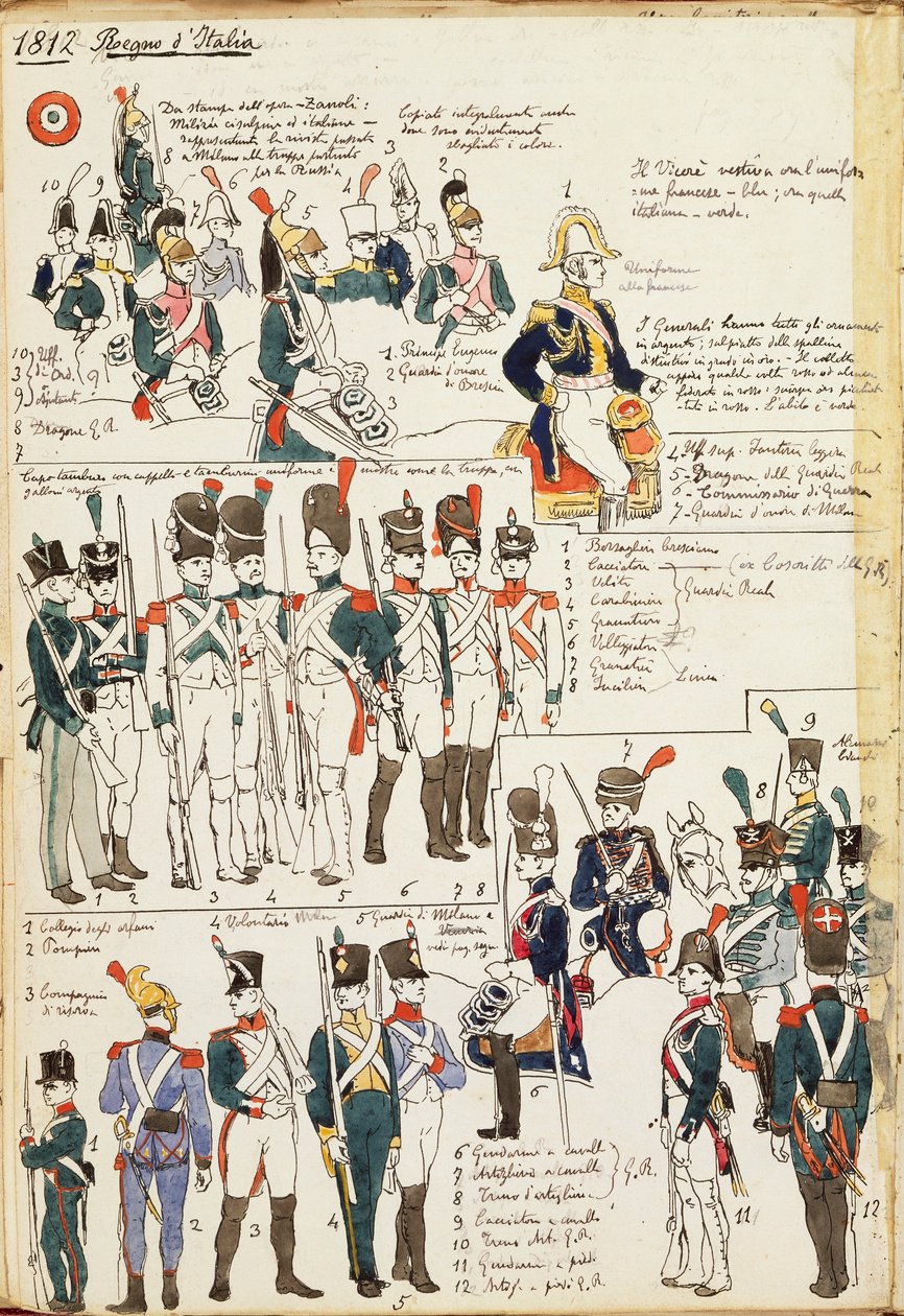 Různé uniformy Italského království z roku 1807. Barevný štítek Cenni Quinto od Quinto Cenni
