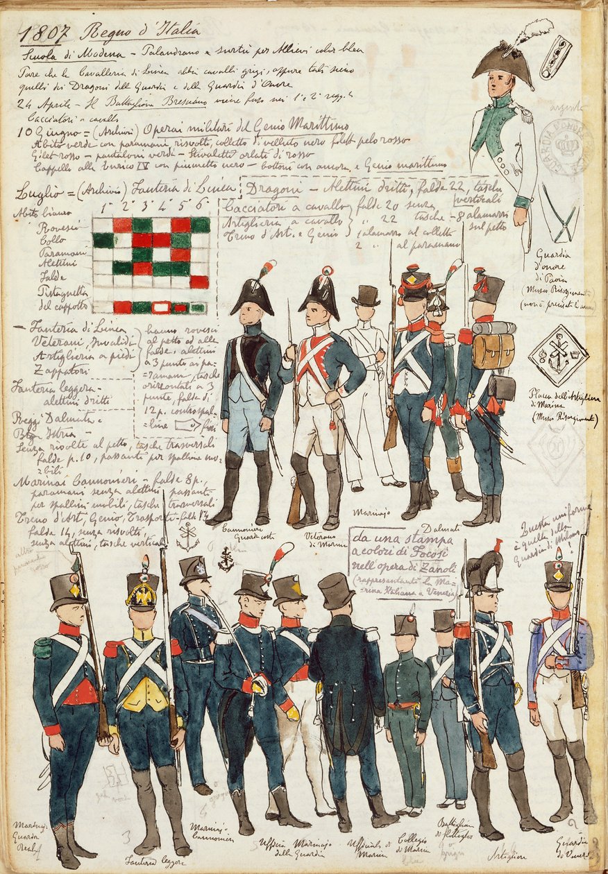 Různé uniformy Italského království z roku 1807. Barevný štítek Cenni Quinto od Quinto Cenni