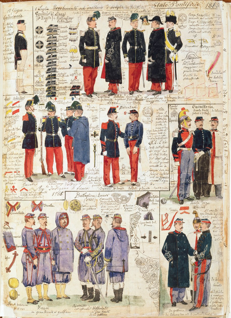 Různé uniformy papežských států z roku 1865. Barevný štítek Cenni Quinto od Quinto Cenni