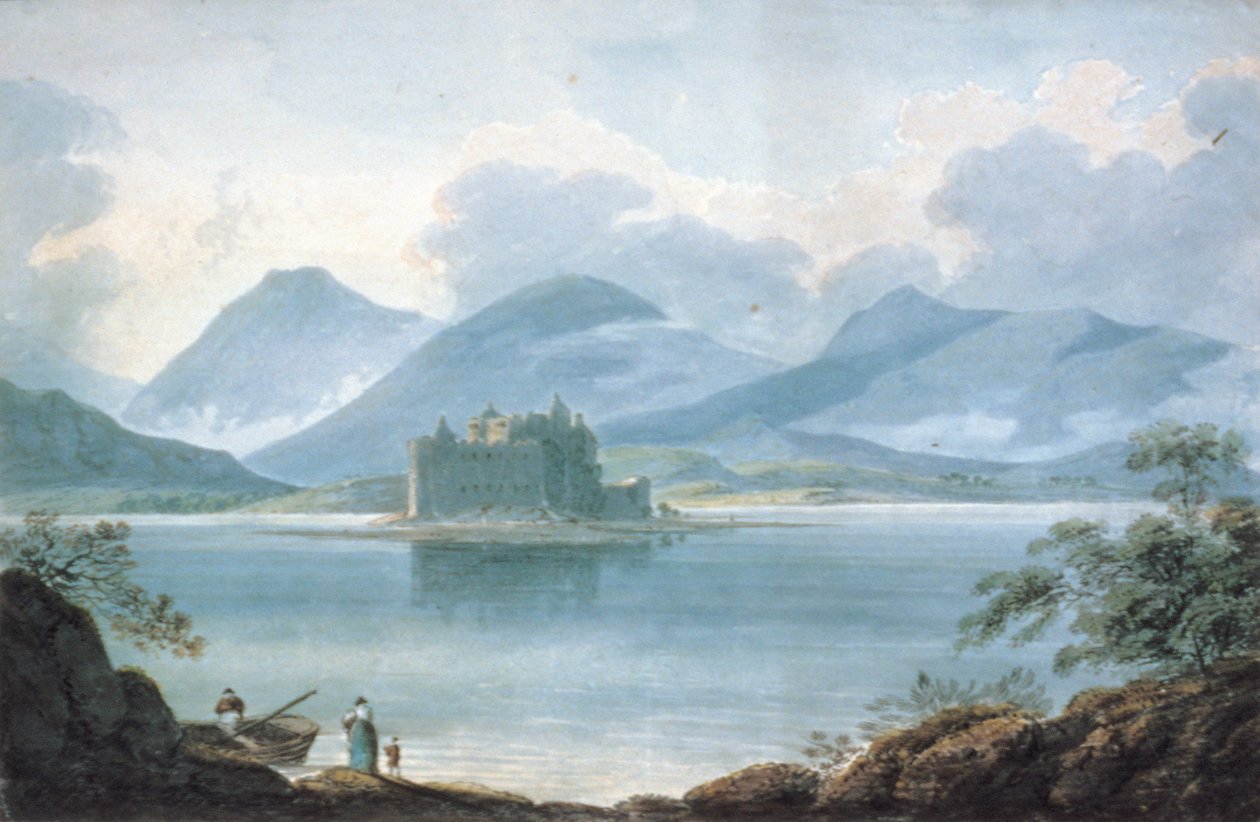 Pohled přes jezero Loch Awe, Argyllshire, na hrad Kilchurn a hory za ním od R.S. Barret