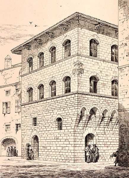 Dům ze 14. století, Florencie, Itálie, z „Příklady městské, obchodní a pouliční architektury Itálie a Francie od 12. do 15. století“, nakl. od W. Mackenzie od R. (after) Anderson