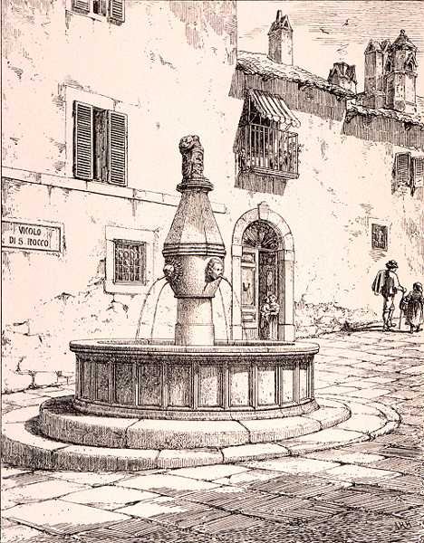 Fontána Vicolo di S. Rocco, Viterbo, Itálie, z 
