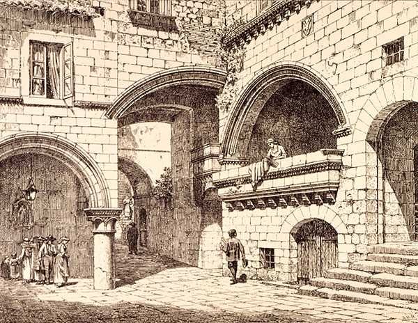 Část náměstí Piazza San Pellegrino, Viterbo, Itálie, z publikace "Examples of the Municipal, Commercial, and Street Architecture of France and Italy from the 12th to the 15th Century", kterou vydal W. Mackenzie. od R. (after) Anderson
