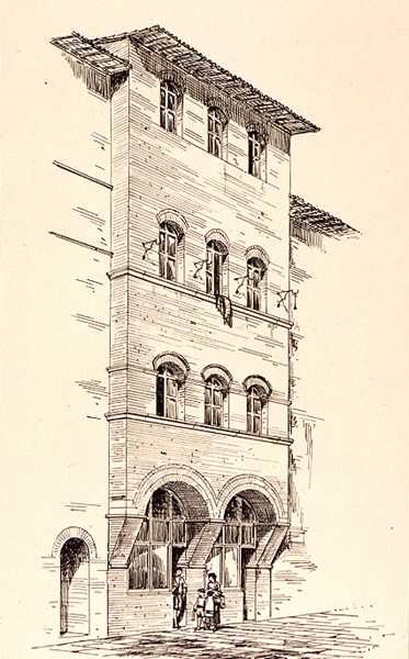 Pohled na cihlový dům, Montepulciano, Itálie, z publikace "Examples of the Municipal, Commercial, and Street Architecture of France and Italy from the 12th to the 15th Century", kterou vydal W. Mackenzie. od R. (after) Anderson
