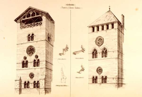 Fragmenty baronských rezidencí, Cahors, Francie, z knihy "Examples of the Municipal, Commercial, and Street Architecture of France and Italy from the 12th to the 15th Century", kterou vydal W. Mackenzie. od R. Anderson