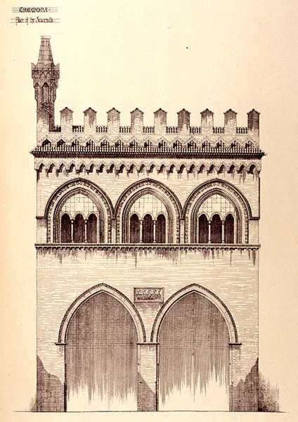 Palác právníků, Cremona, Itálie, postavený v roce 1292, z „Příklady městské, obchodní a pouliční architektury Francie a Itálie od 12. do 15. století“ od R. Anderson