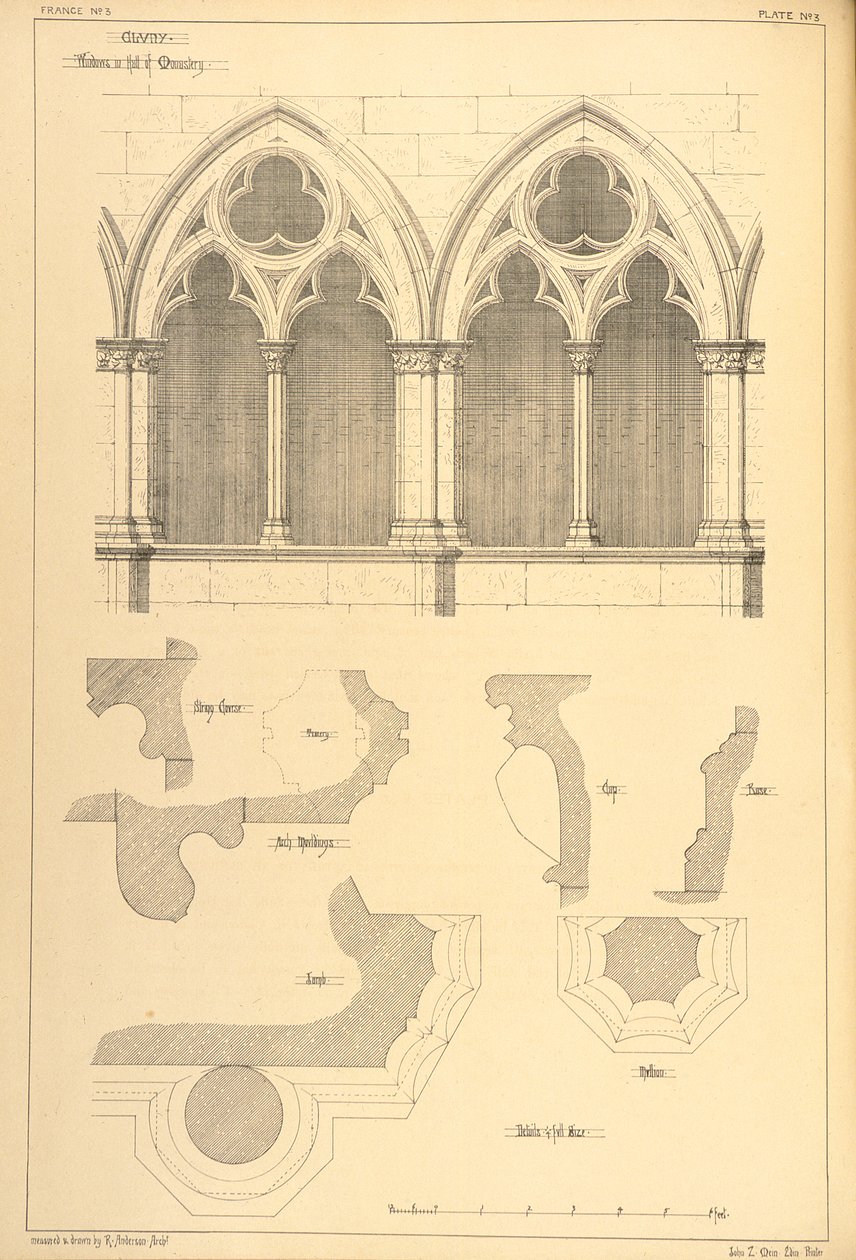 Okna v sále kláštera, Cluny, z „Příklady městské, obchodní a pouliční architektury Francie a Itálie od 12. do 15. století“, 1841 od R. Anderson