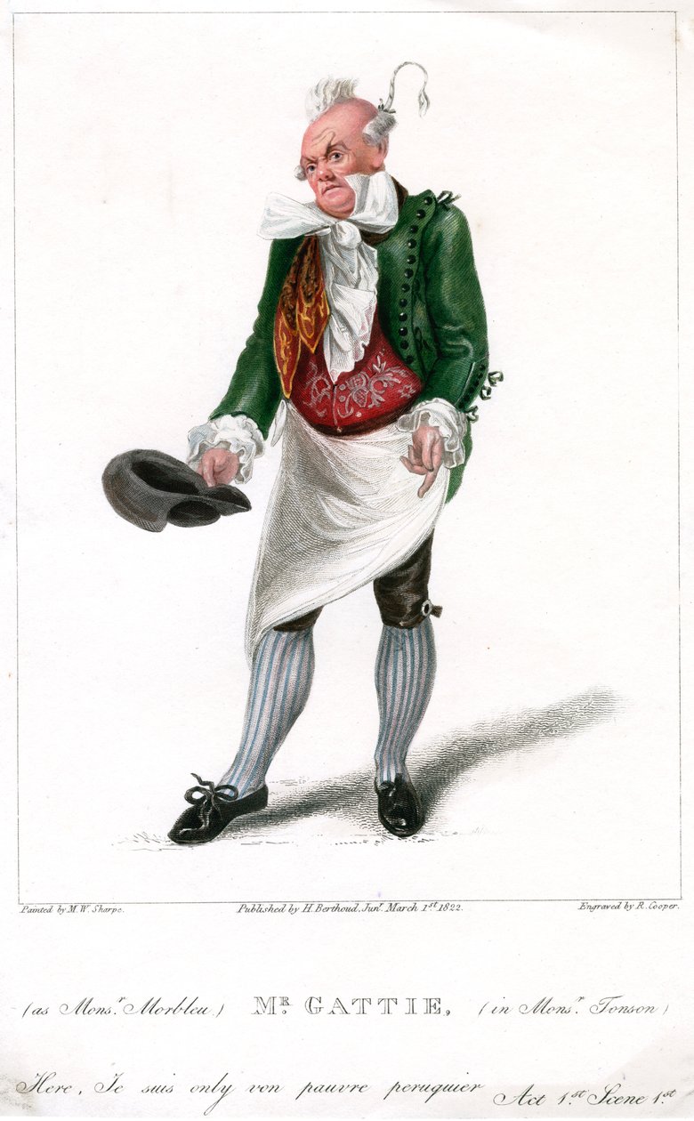 Pan Gattie jako Monsieur Morbleu v Monsieur Tonson, 1822. od R. Cooper