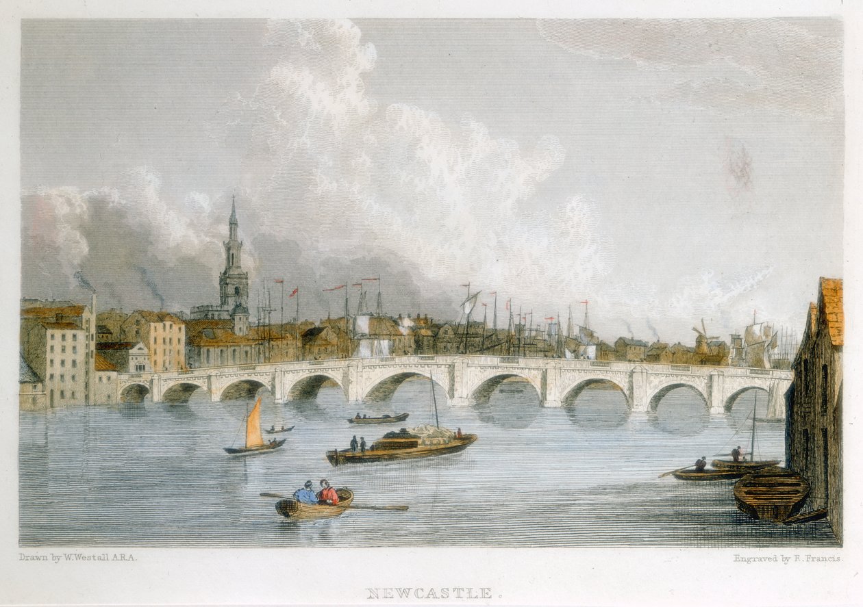 Kamenný klenutý most přes Tyne v Newcastle-upon-Tyne, Anglie, c1830. od R Francis