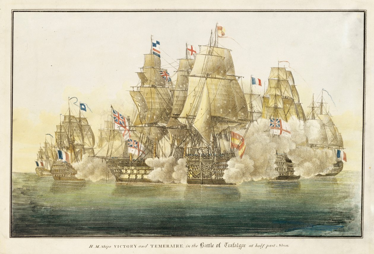 Lodě H.M.S. "Victory" a "Temeraire" v bitvě u Trafalgaru v půl jedné odpoledne (litografie) od R. H. Nimmo
