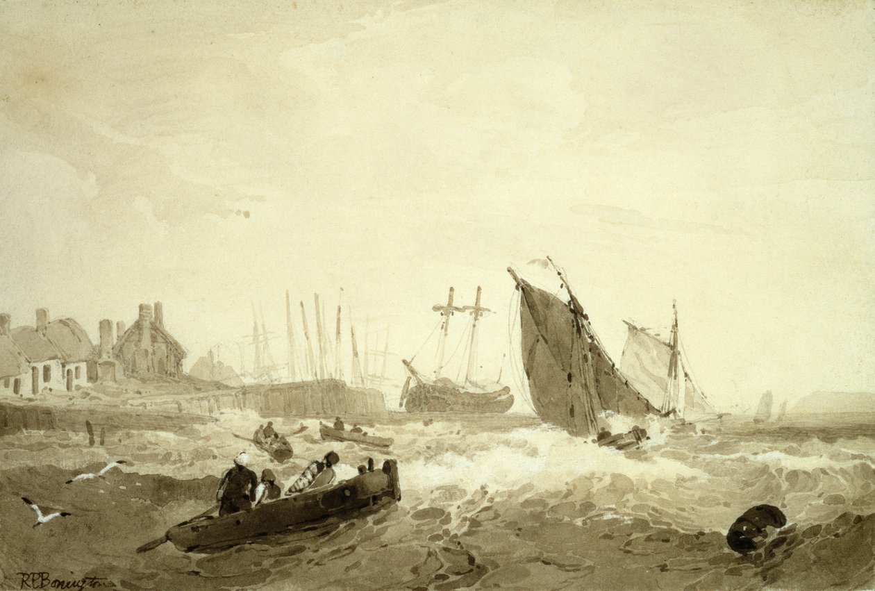 Přeprava St-Valery-Sur-Somme, kolem 1821 (hnědé omytí přes grafit) od R. P. Bonnington