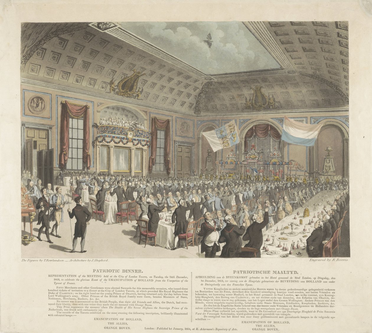 Vlastenecké jídlo v Londýně, 1813 Vlastenecká večeře. Zastoupení na schůzi konané v City of London Tavern v úterý 14. prosince 1813 (...) / Patriotische Mealtyd. Obrázek setkání konaného v hotelu s názvem Město L od R. Reeves