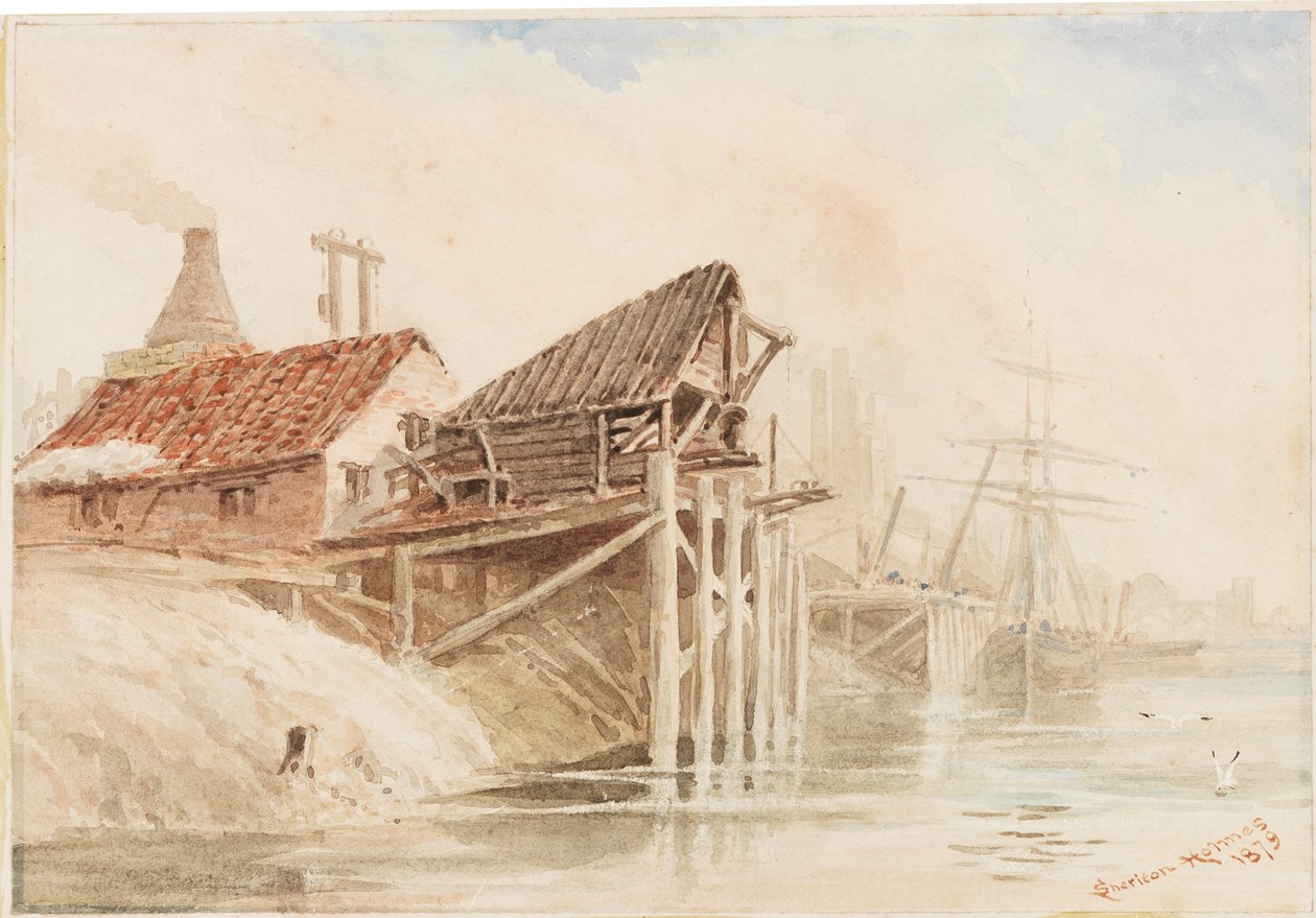 Old Coal Shipping Staithes poblíž Wallsend (tužka a wc na papíře nalepené na kartě) od R. Sheriton Holmes