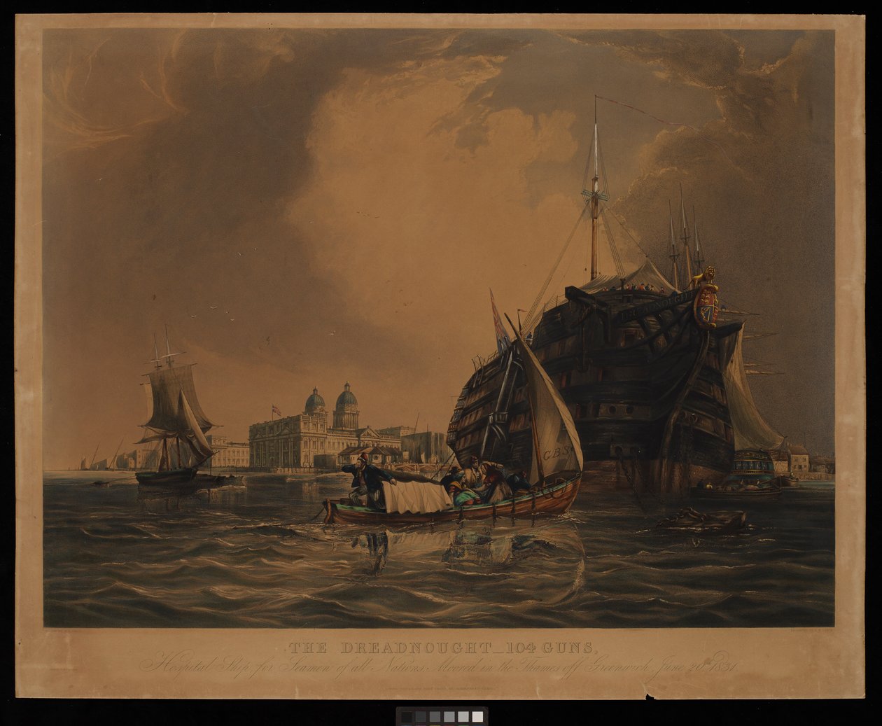 Dreadnought 104 děl, nemocniční loď pro námořníky všech národů, kotvící na Temži u Greenwiche, 20. června 1831. od R. W. Price