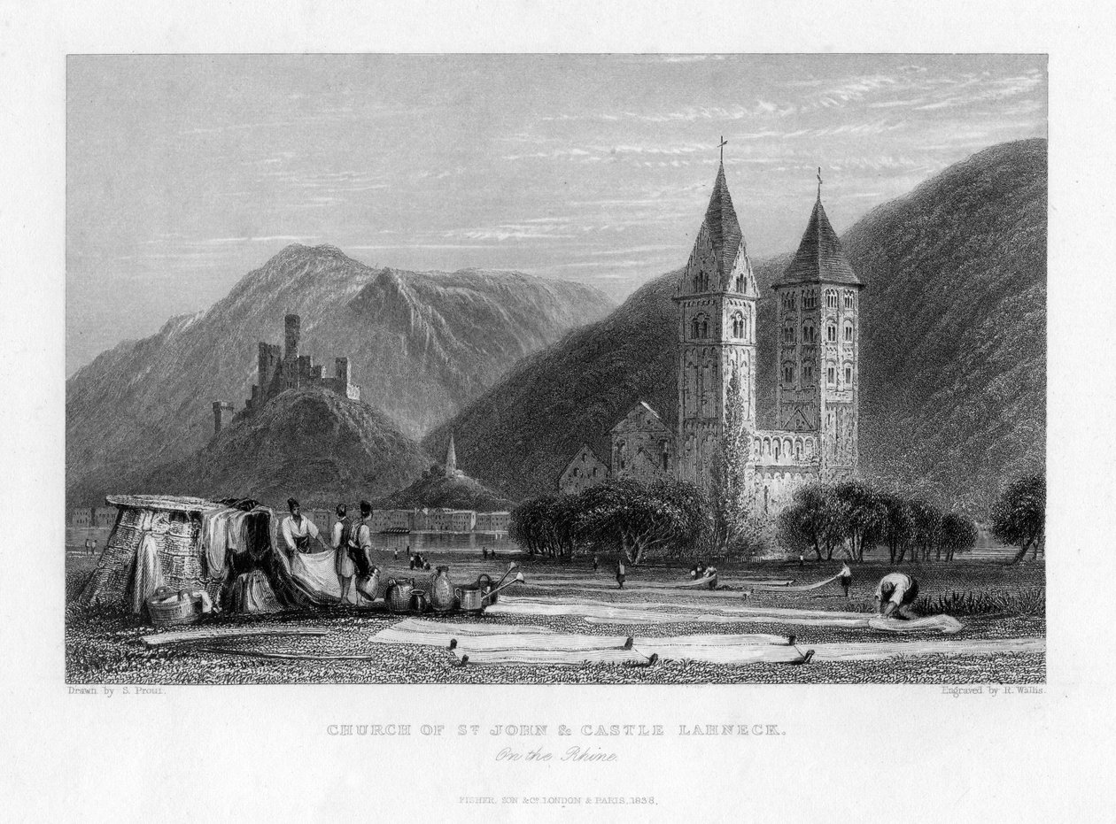 Kostel svatého Jana a hrad Lahneck na Rýně, 1838 od R. Wallis