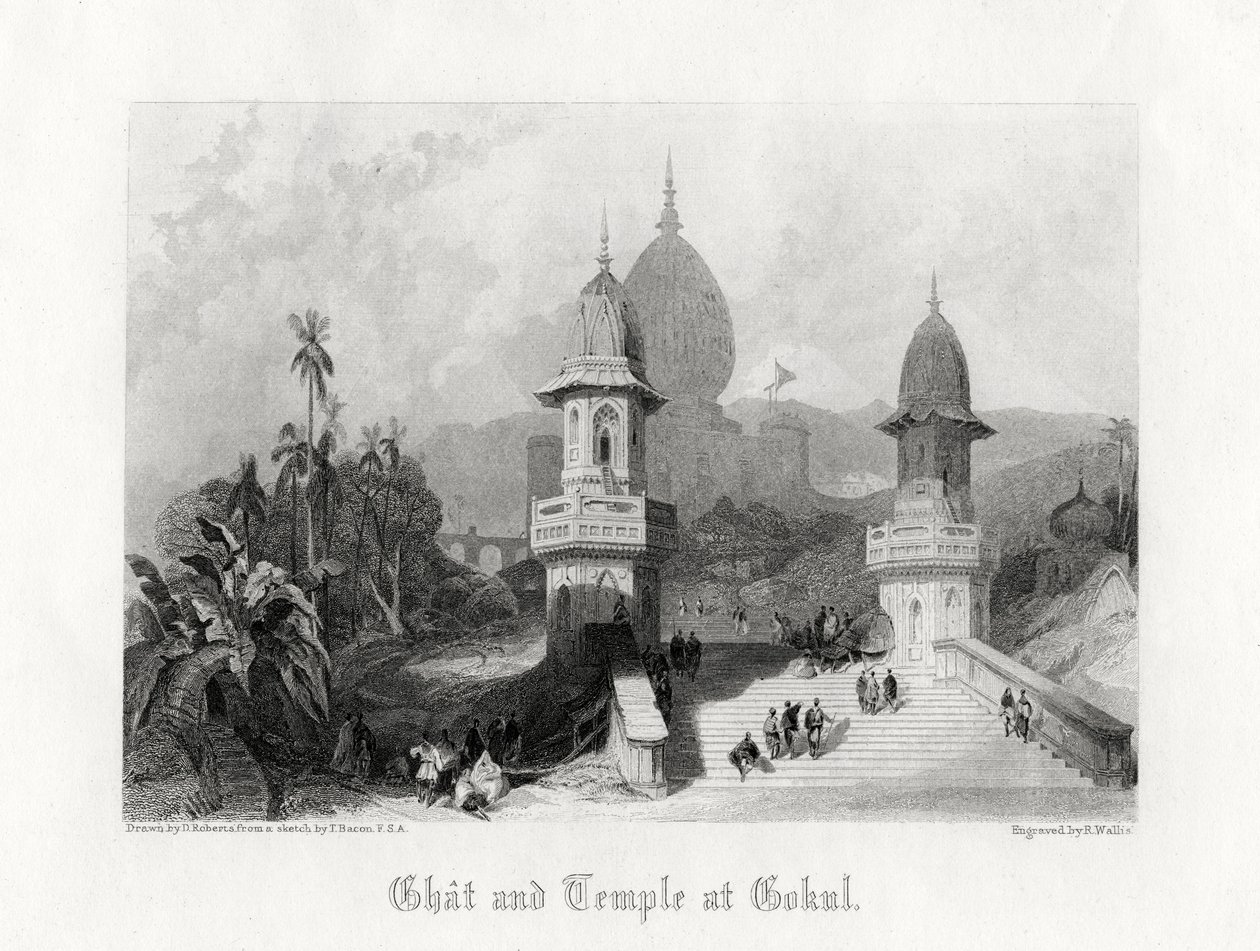 Ghat a chrám v Gokul, Indie, c1838. od R. Wallis