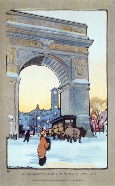 Washington Square Arch at Winter Twilight, pohlednice, kolem roku 1914 (barevné lito) od Rachael Robinson (after) Elmer