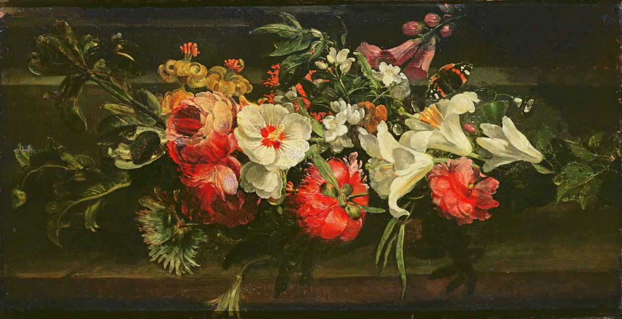 Zátiší s růžemi, liliemi a jinými květinami od Rachel Ruysch