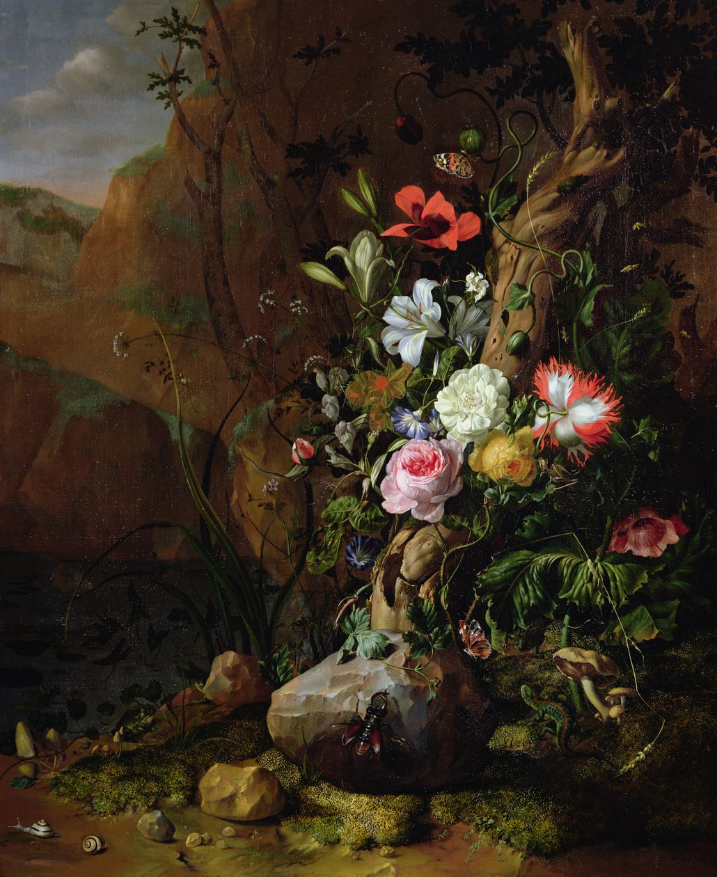 Kmen stromu obklopený květinami, motýly a zvířaty, 1685 od Rachel Ruysch