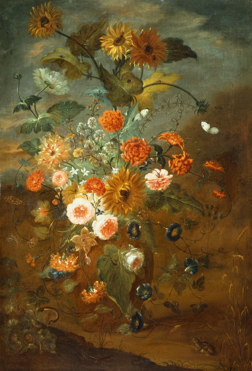 Růže, karafiáty, slunečnice ve váze s motýly, žáby, hmyz (olej na plátně) od Rachel Ruysch