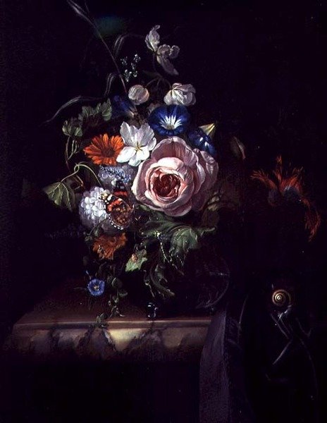 Růže a jiné květiny ve skleněné misce (olej na plátně) od Rachel Ruysch