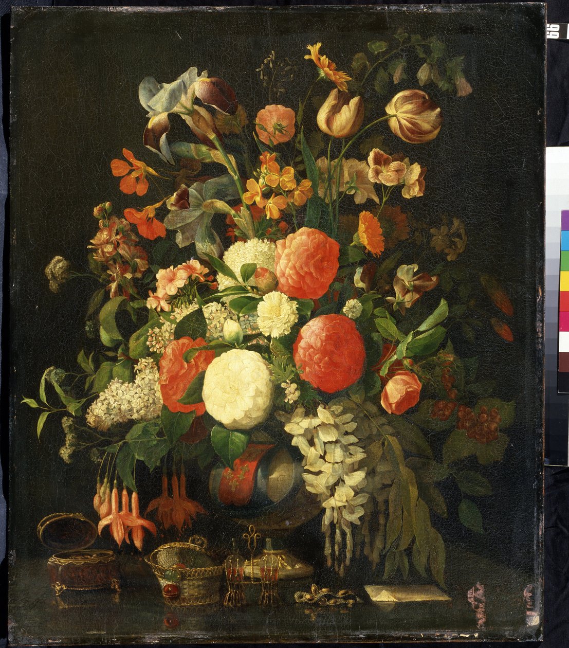 ""Kytice květin"" (Květiny) Na stole jsou šperkovnice. Obraz Rachel Ruysch (1664-1750) Muzeum umění Michaila Krošitského z 18. století, Sevastopol (Sevastopol) Ukrajina od Rachel Ruysh