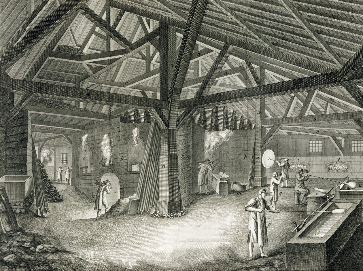 Sklářská továrna, z „Encyklopedie“ od Denise Diderota (1713-84), ryl Robert Benard (nar. 1734), vydáno kolem roku 1770 (viz také 172391, 172392, 172394) od Radel