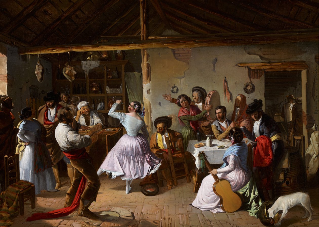 Tanec ve venkovském hostinci – Benjumea, Rafael (asi 1825–asi 1887) – 1850 – Olej na plátně – 46x65 – Muzeum Carmen Thyssen, Malaga od Rafael Benjumea
